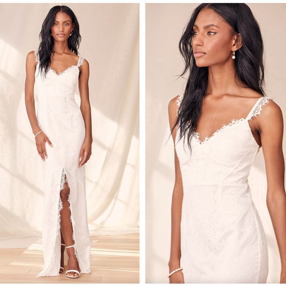 Lulu's Ivory Lace Maxi Dress with Front Slit